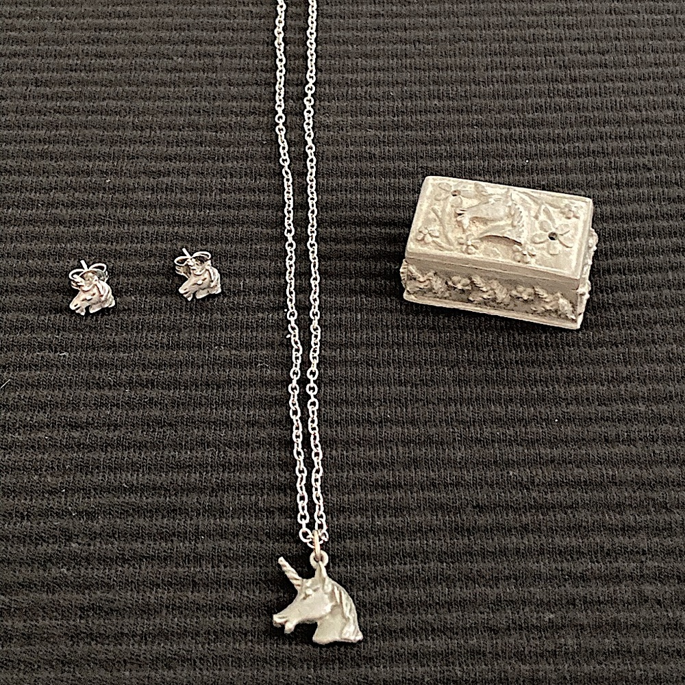 Vintage Torino Handcrafted Pewter Unicorn Box Pin Earrings Necklace Made in USA